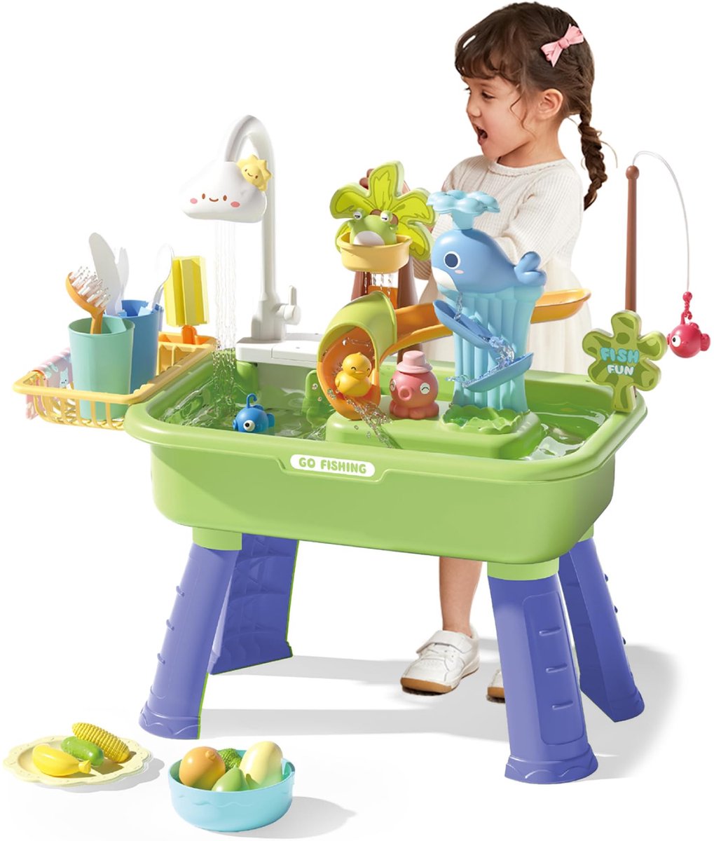 Groente Watertafel Voor Peuters Van 1-3 Jaar, Watertafel Met Pomp, Speelgoedkeukenset Voor Kinderen Van 4-8 Jaar, Speelgootsteen Met Stromend Water En Elektrische Kraan, Inclusief Speelgroenten, Servies En Visspel