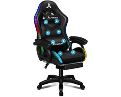 Gamestoel, 12 RGB LED-kleurenafstandsbediening, armleuningen met schuifrail, intrekbare voetsteun, 8-punt massage verstelbaar kussen