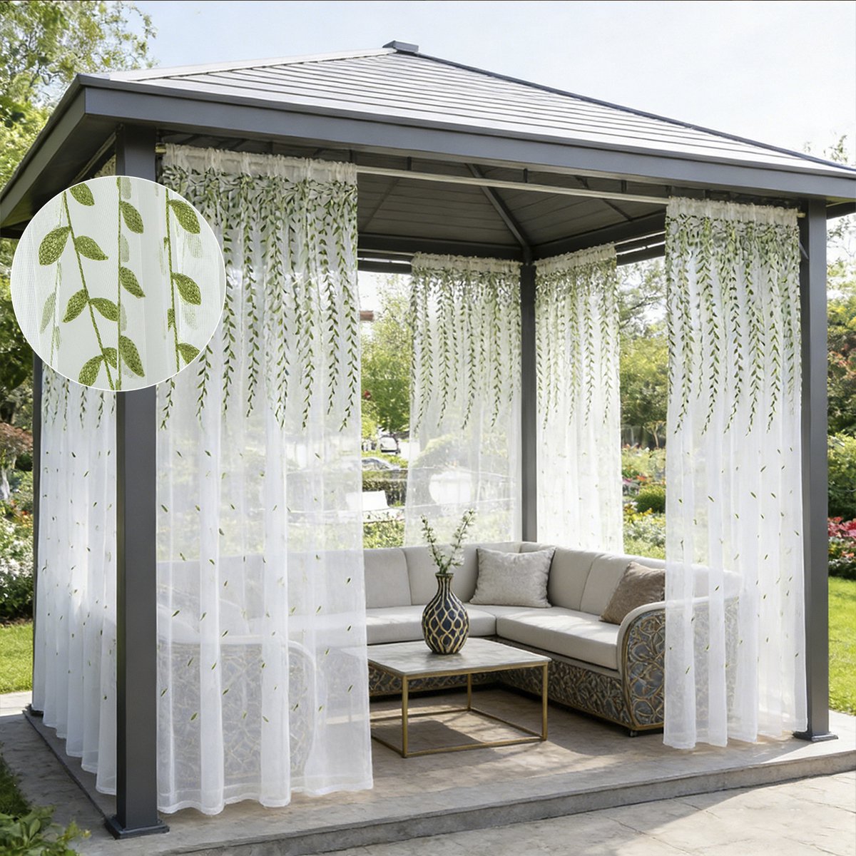 Qelus Geborduurde Buitengordijnen - Vliegengordijn Bladeren Motief - Anti-Insecten Vitrage met Tunnelzoom - Tuin & Veranda - 2 Stuks - 140x244cm Wit
