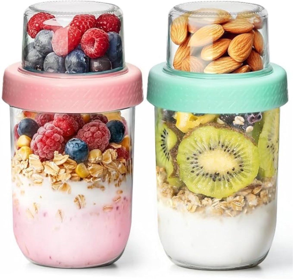 Verte Overnight Oats Potjes - Yoghurtbeker - Glazen Mueslibeker met Bovenvak - Ontbijtbeker met Twee Compartimenten voor op Het Werk en Naar School - Voor Volwassenen en Kinderen - Ideaal voor Een Snel Ontbijt - 2 Stuks - 480 ml + 120 ml
