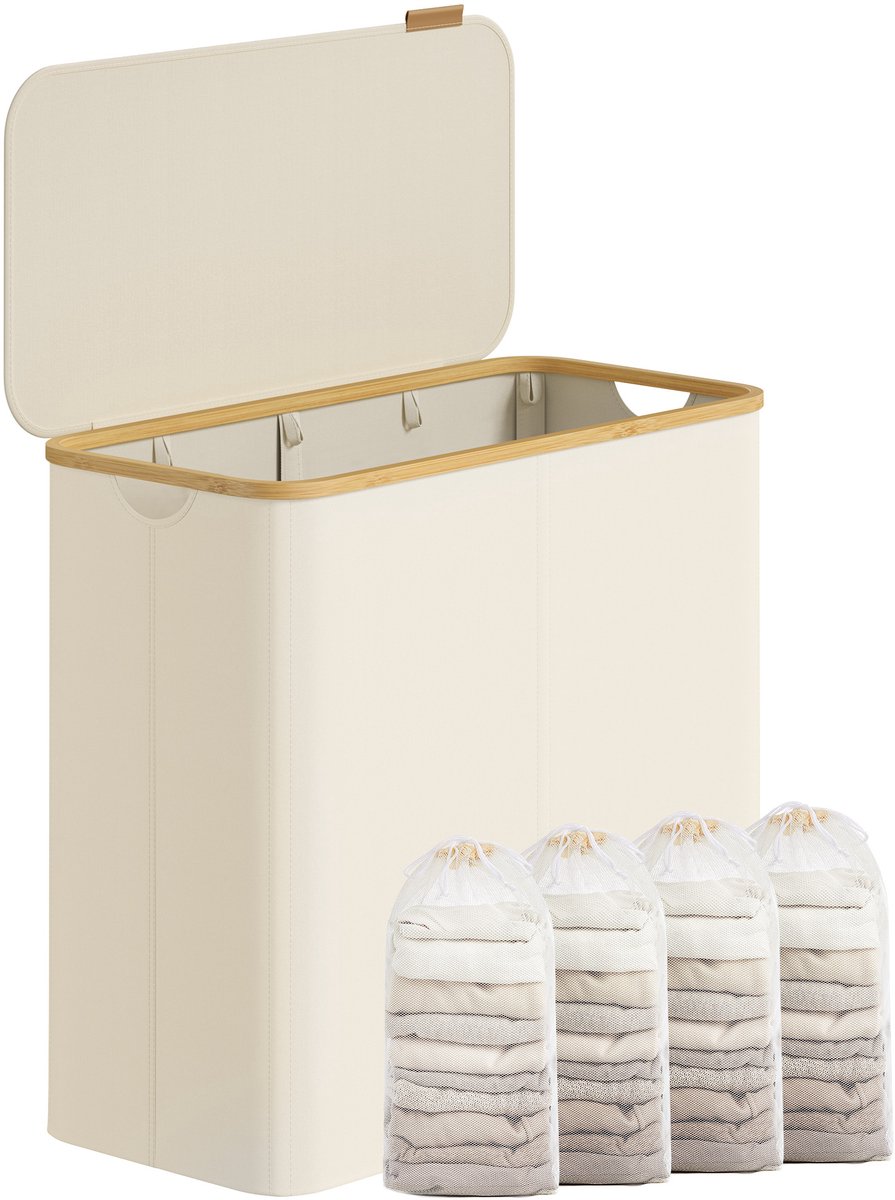 SONGMICS - Wasmand - Wasmand met 4 Vakken - Opvouwbare Wasverzamelaar met Deksel - Bamboe Handgrepen