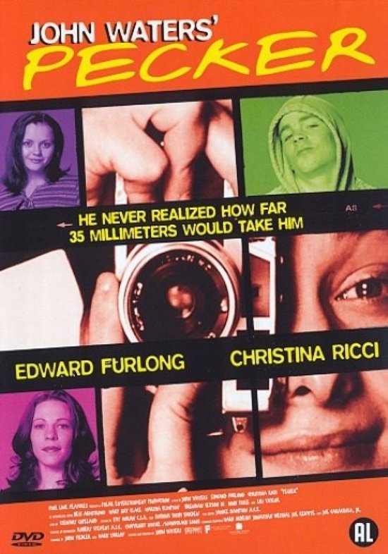 DVD hoes: John Waters' Pecker, met vier beelden: een paars gekleurde vrouw, een man met een camera, een groen gekleurde man en een vrouw in roze.