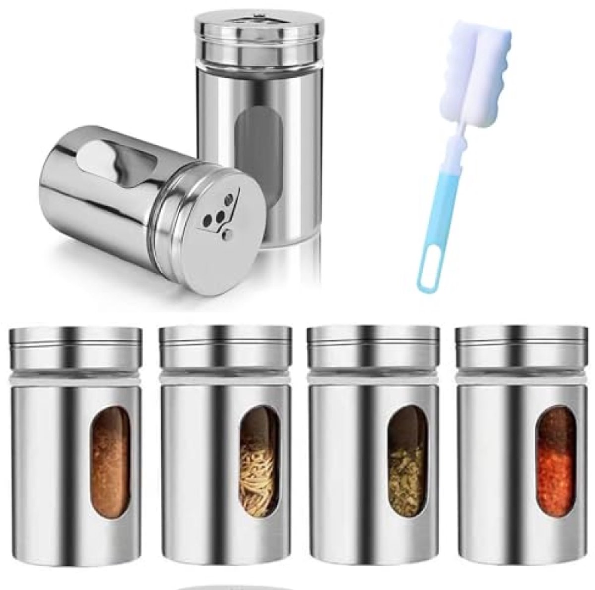 Set van 6 kruidenpotjes met verstelbare deksels en reinigingsborstel