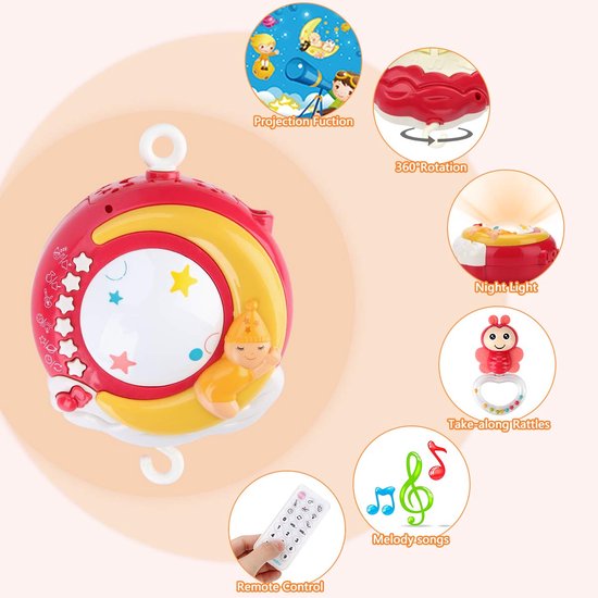 Rotatie, nachtlampje, projectiefunctie, afneembare rammelaars en melodieën van de baby mobiel.