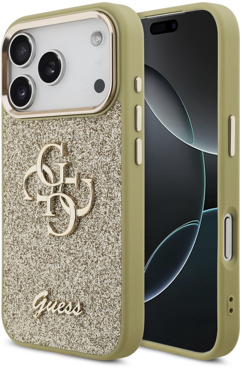 Guess PU Fixed Glitter 4G Metal Frame Backcover - Geschikt voor iPhone 17 Pro - Goud