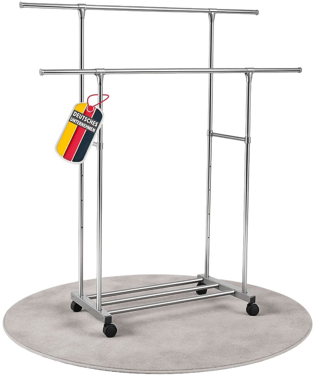 Coemo mobiel kledingrek op wielen, L 162x42x160 cm, metalen rolkast, 2 kledingstangen voor de slaapkamer, kledinghangers, vrijstaand kledingrek, kledingkaststandaard