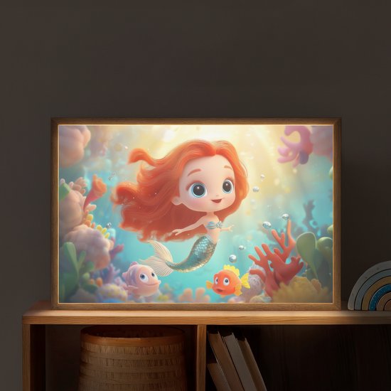 Nachtlampje 60x40 cm - Kinder lamp - Zeemeermin - Water - Vissen - Rood - Tafellamp kinderkamer draadloos - Slaapkamer lampje - Bedlamp kinderen - Kinderlampje - Wandlamp babykamer - Nachtlampjes van Merkloos — afbeelding 2