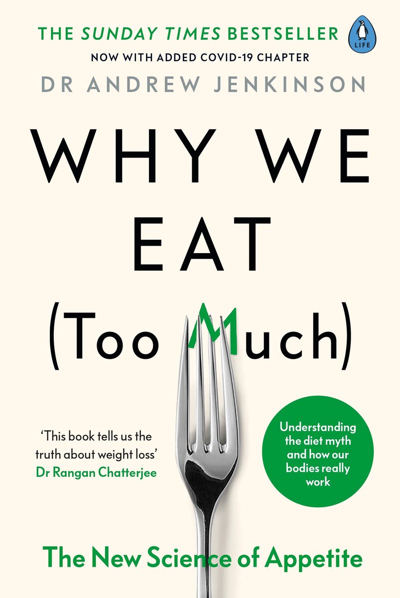 Boekomslag: "Why We Eat (Too Much)" met een vork die groen "M" steelt van de tekst. Sunday Times Bestseller.