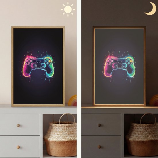 Nachtlampje 40x60 cm - Kinder lamp - Grafisch - Controller - Neon - Verfspatten - Tafellamp kinderkamer draadloos - Slaapkamer lampje - Bedlamp kinderen - Kinderlampje - Wandlamp babykamer - Nachtlampjes van OnlyWow — afbeelding 4