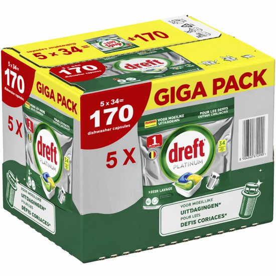 Giga Pack de capsules pour lave-vaisselle Dreft Platinum, 170 pièces, 5x34.