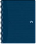Donkerblauw A4+ notitieboek met spiraalbinding, fijne horizontale lijntjes en een subtiel logo.