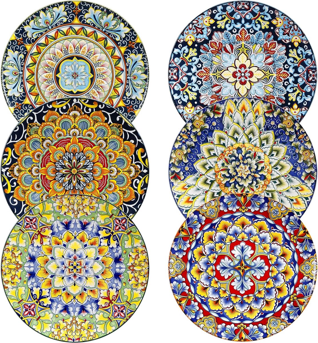 Dessert Plates Set of 6 - 21.5 cm Porcelain Salad Plates - Small Dinner Plate Set - Microwave Oven and Dishwasher Safe - Colourful Bohemian Style Dishes for Kitchen