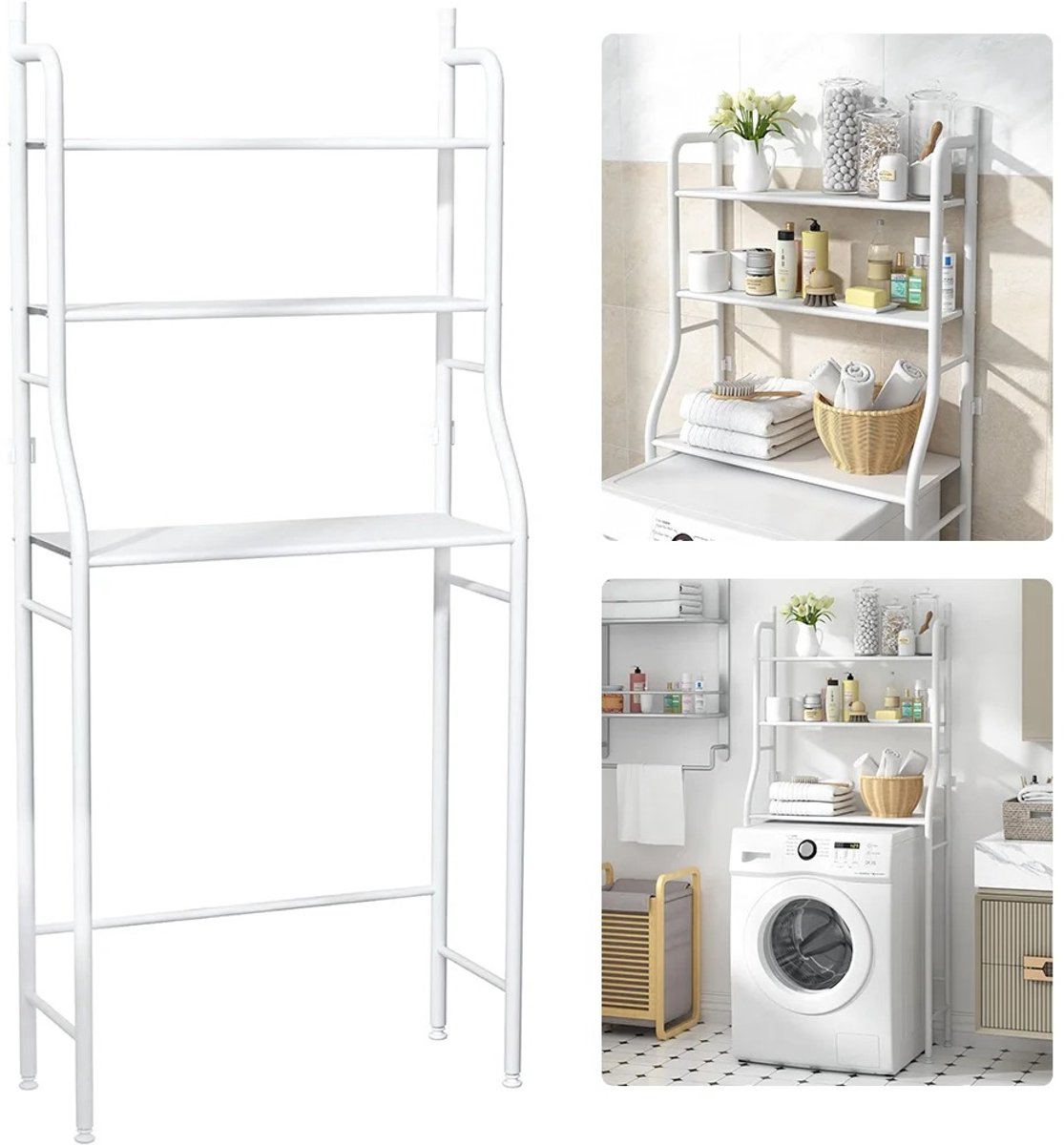 NordHaus Wasmachine Kast - Wasmachine Ombouw - Opbergrek 3 Niveaus - Ruimtebesparend - Stevig Metalen Frame - 160x68x25 cm