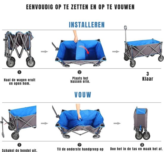 RONN® Strandkar - Bolderkar Opvouwbaar - Boodschappenwagen - Blauw - 89cm x 48cm x 79cm van Merkloos — afbeelding 2