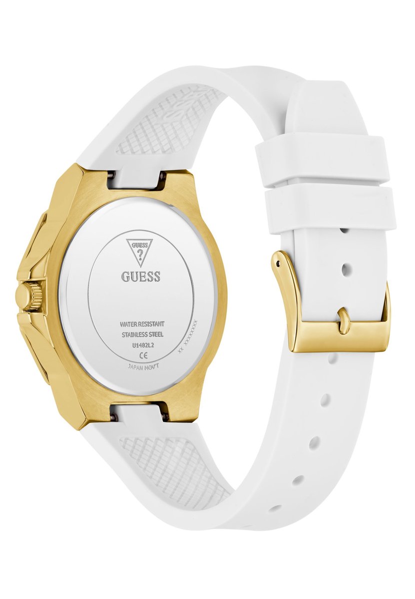 Guess Maribel Quartz Analoog Horloge Zwart En Goudkleurig Kast Gemaakt Van 100% Roestvrij Staal En Een Armband Van 100% Siliconen 38 U1482L1M, U1482L2M, U1483L4M