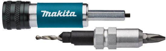 Makita schroefbits: een bit met booropzetstuk en een bit met zeskantimbus, gescheiden.