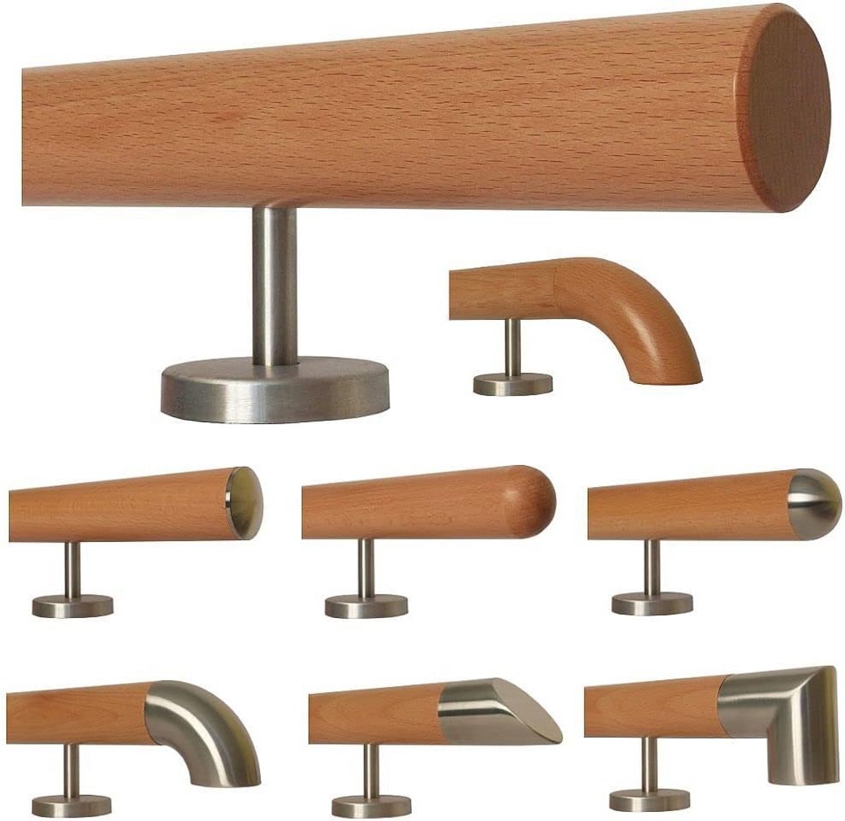 Houten trapleuning van beukenhout met roestvrijstalen houders - Lengte 30-500 cm, ideaal voor binnengebruik