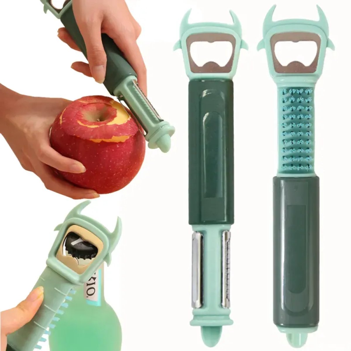 7-in-1 Multifunctionele Dunschiller – Groente & Fruit Peeler met Julienne Snijder, Flesopener & Borstel – RVS Dubbel Mes – Keuken Schiller voor Aardappel, Wortel & Fruit
