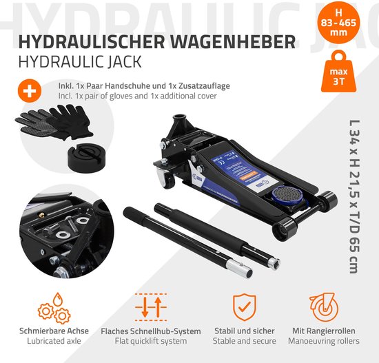 Zwarte hydraulische krik met blauwe details, oranje tekst met H 83-465 mm, max 3T en L34 x H 21,5 x D 65 cm.