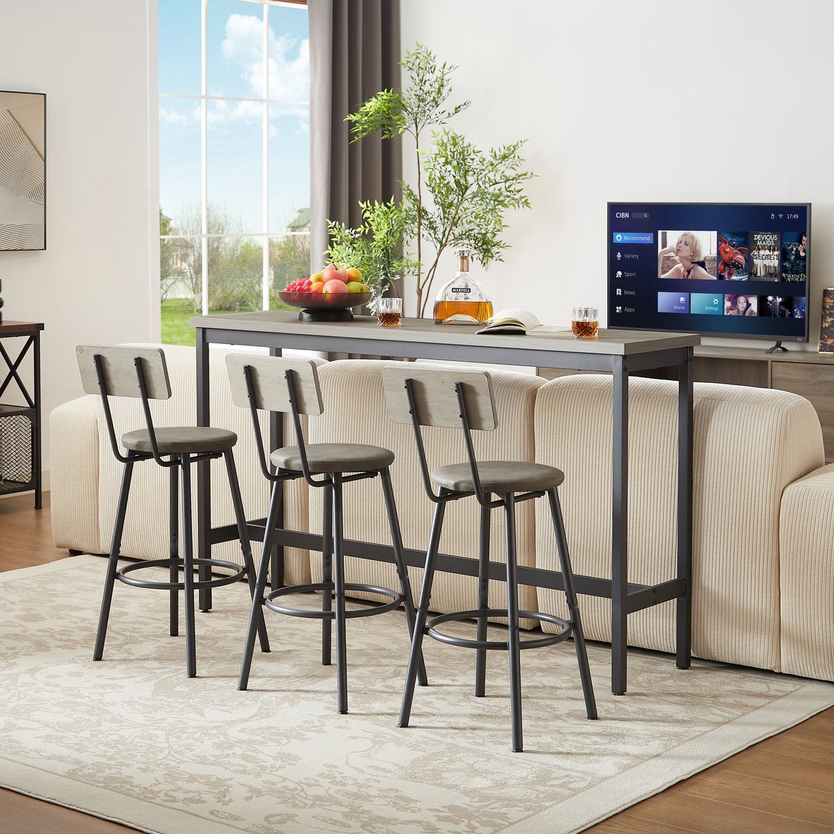 HAUSS SPOLE Bartafelset Met 3 Barkrukken - Industrieel Ontwerp Met Rugleuning - Voor Keuken En Woonkamer - Spaanplaat - 160x40x94,5 Cm - Grijs Zwart