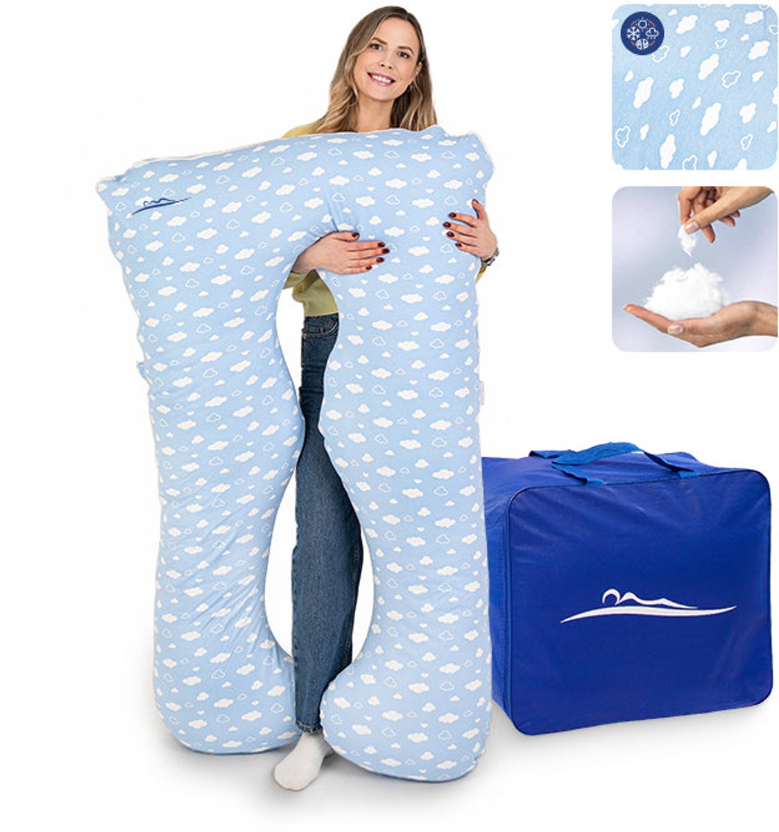 KomfortKissen™ Premium Zwangerschapskussen XXL – Lichaamskussen 150 cm – Zijslaapkussen – Body Pillow – Voedingskussen – Ergonomisch Kussen – Afneembare Hoes – Wasbaar – Borstvoedingskussen – Wolken