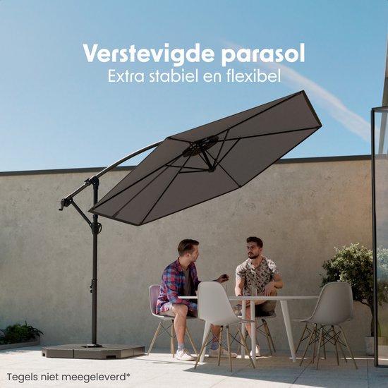 LifeGoods Zweefparasol - Rond Ø300 cm - UPF 50+ en Waterdicht - Tuinparasol - Eenvoudig verstelbaar - Donkergrijs