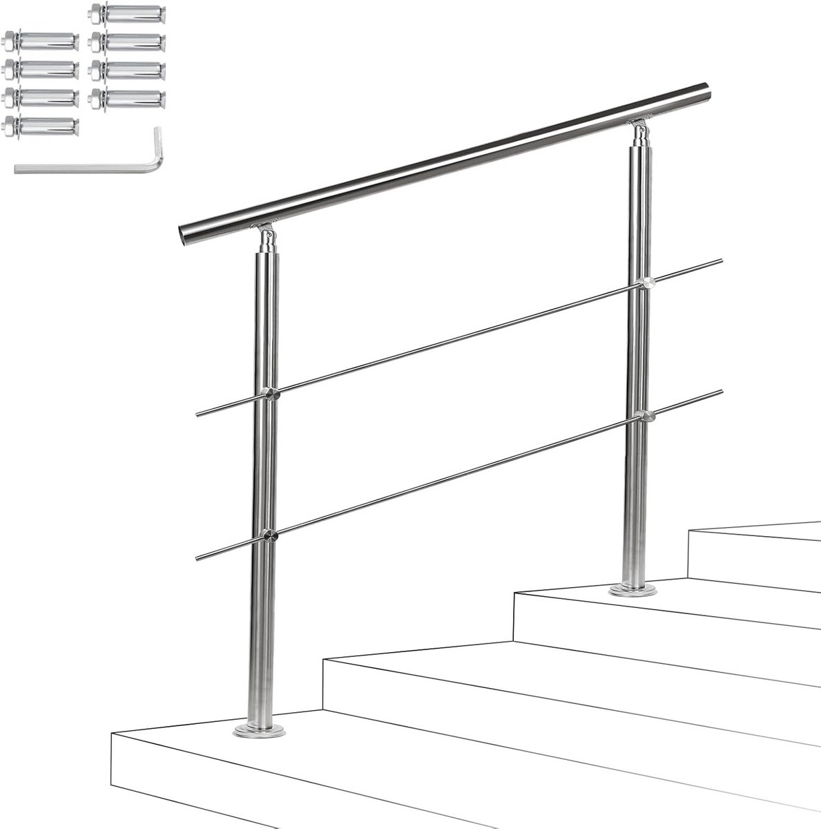 Roestvrij Stalen Trapleuning voor Binnen en Buiten - 180 cm met Hoekverstelbare Accessoires, Ideaal voor Trappen en Balustrades