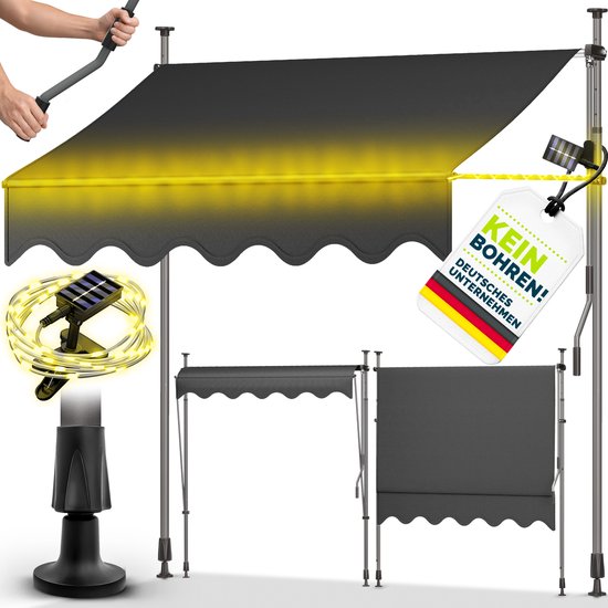 Auvent à pince anthracite avec éclairage LED, enroulable, avec manivelle. Montage sans perçage.