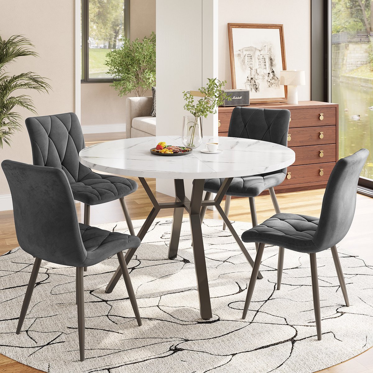 HAUSS SPOLE Eettafel En Stoelenset 5 Delig Rond - Marmerlook Tafelblad Met Zwarte Metalen
