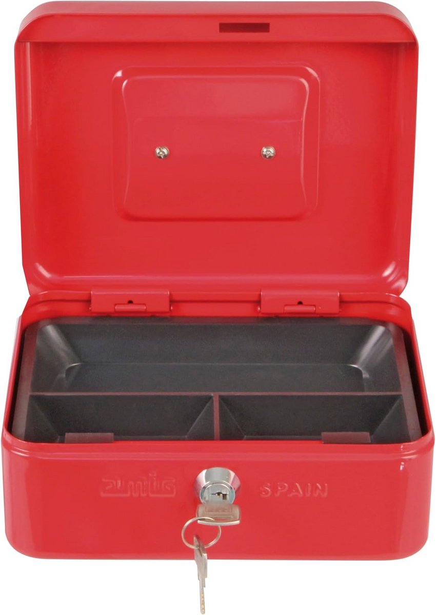 Geldcassette voor bankbiljetten en munten met muntenhouder en 2 sleutels - Rood - 200 x 160 x 70 mm