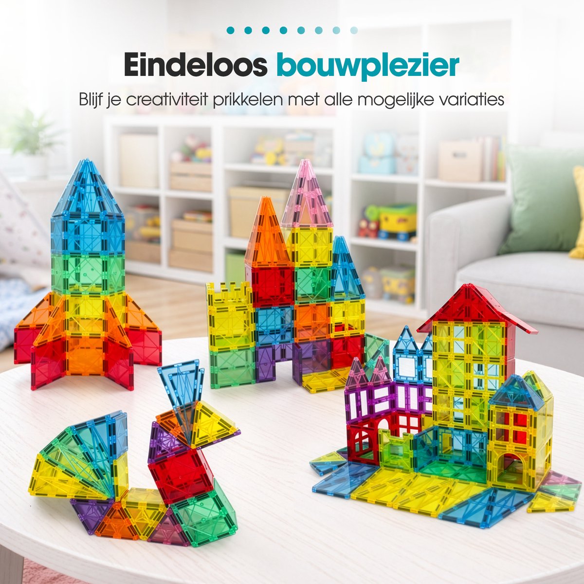 Magnetic tiles - XL 129 stuks - Magnetische tegels - Speelgoed - Magneet tegels - Montessori - Bouwstenen - Travel set - Constructiespeelgoed - Met 4 magna poppetjes — afbeelding 7
