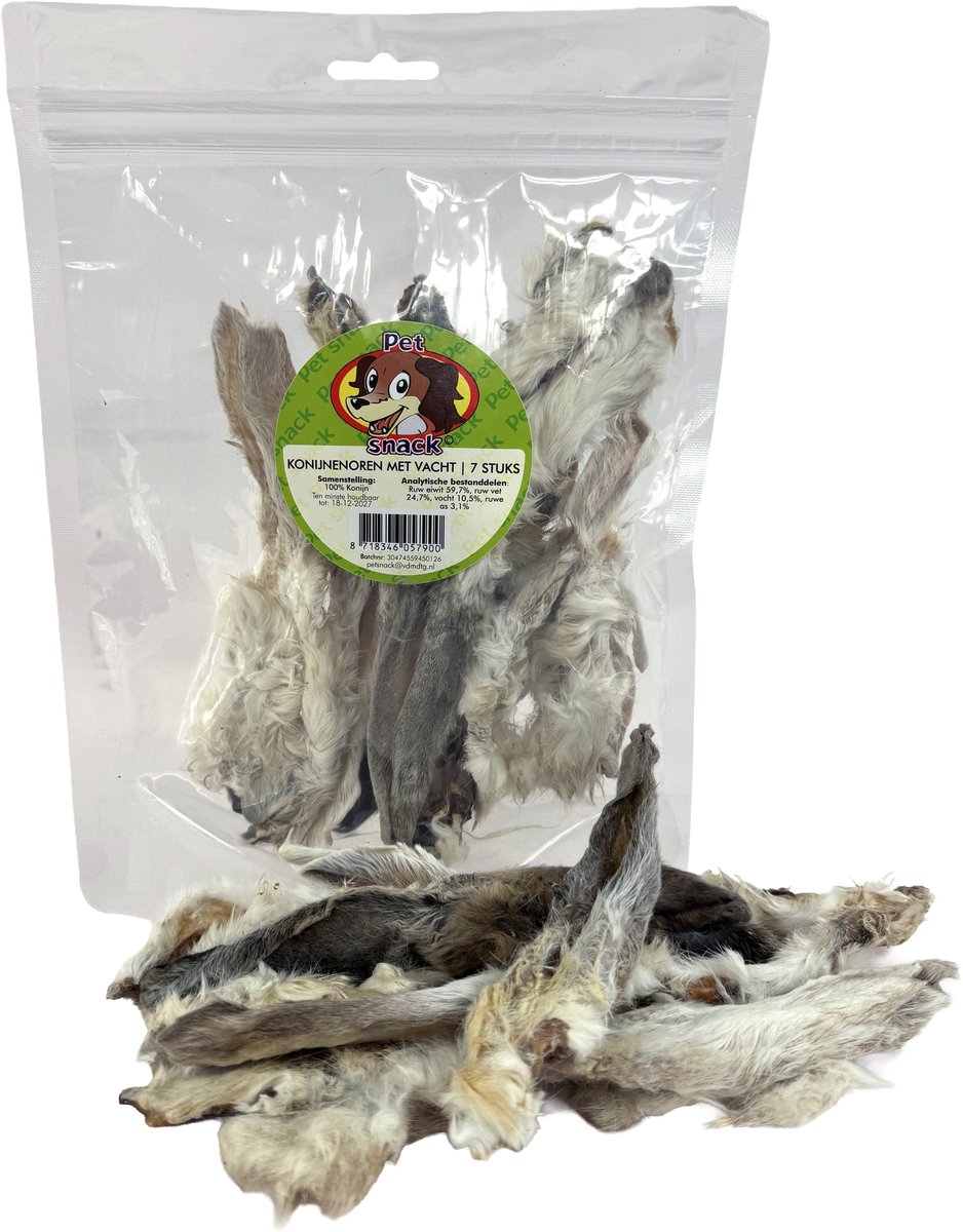 Petsnack Konijnenoren - Natuurlijke Hondensnack Met Vacht - 7 Stuks, Eiwitrijke Kauwsnack