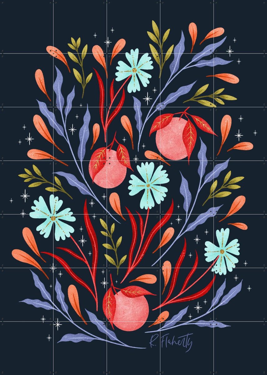 IXXI Wild Flowers and Oranges Coral, Rebecca Flaherty - 100 x 140 cm - Gratis ophangtool - Grote wanddecoratie en posters - Speels, Illustraties