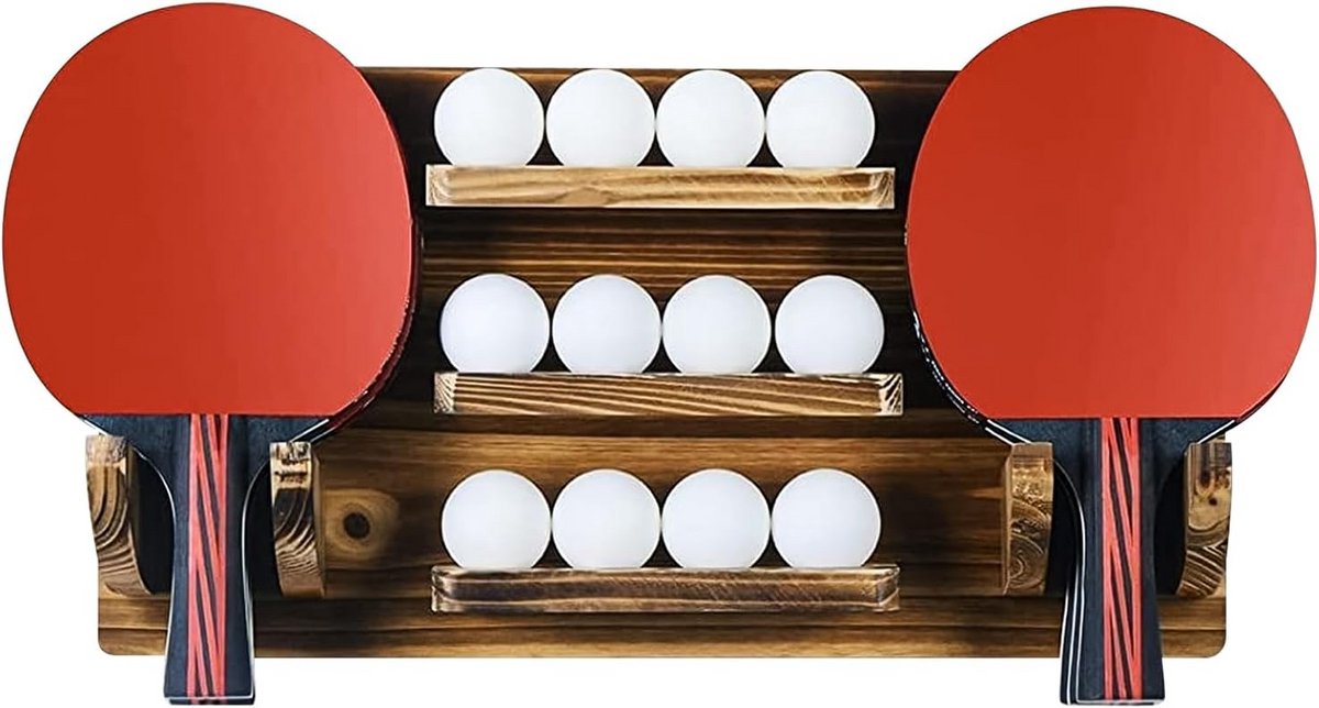 Houten Wandrek voor Tafeltennis Paddels en Ballen - Opbergrek voor 6 Raketten