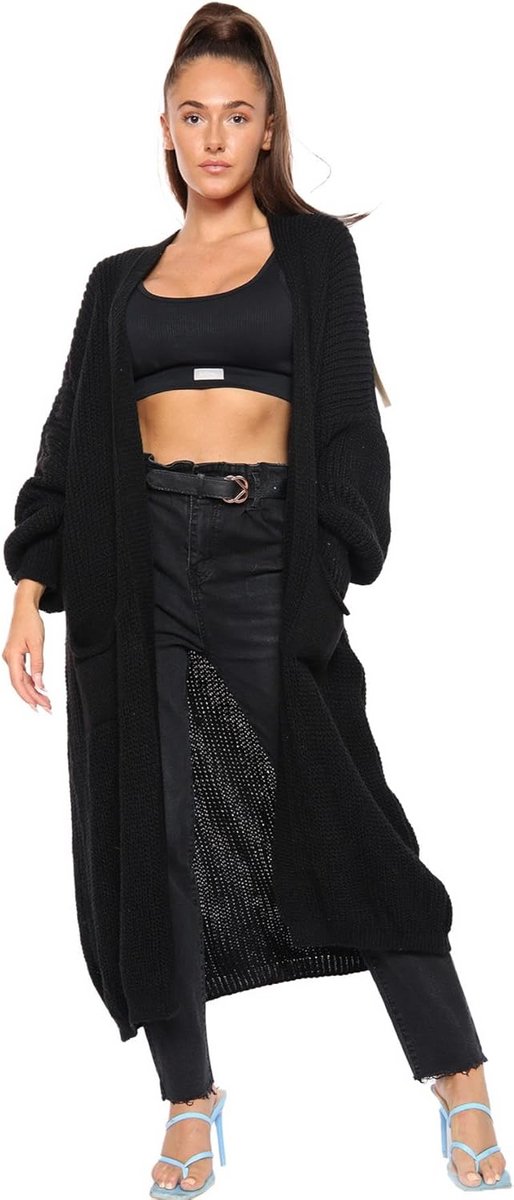 Dames Maxi Vest Grof Gebreid met Ballonmouwen Lange Oversized Wintertrui