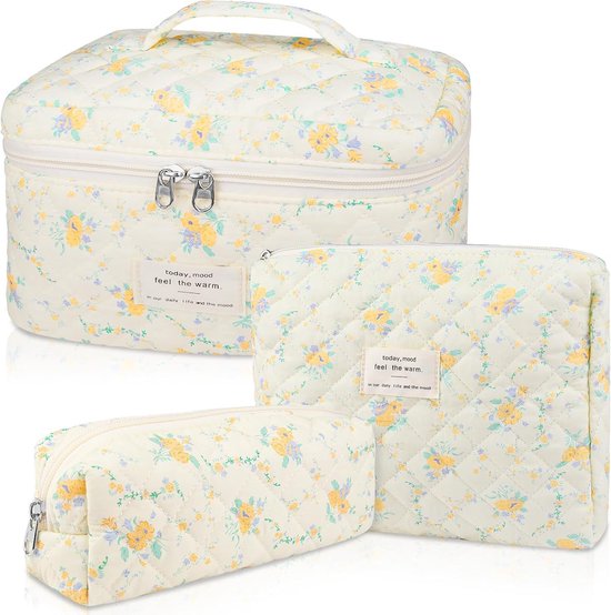 Make-up tas set - gewatteerde tas - grote make-up tas voor dames met bloemenprint - make-up tas met bloemenpatroon - schattige katoenen make-up tas - toilettas - reisformaat organizer voor cosmetica en toiletartikelen