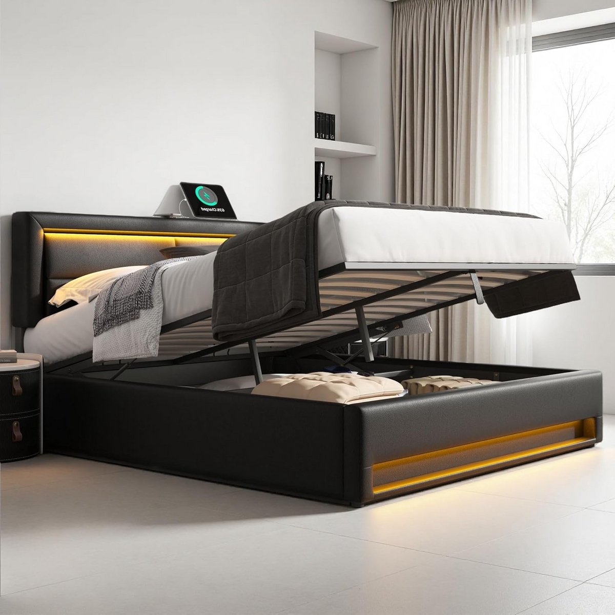 Tweepersoons Elektrisch Bed 160x200 cm met Opbergruimte, LED Verlichting & USB-Poort
