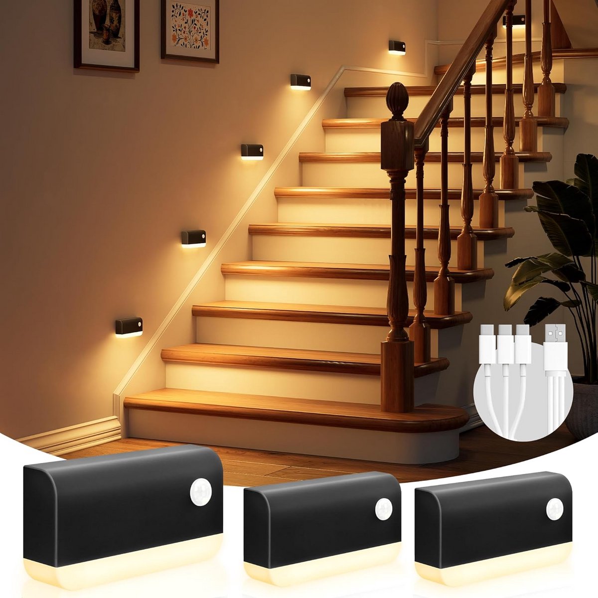Oplaadbare LED Trappenlampen met Bewegingssensor (3 Stuks) - Draadloos Nachtlampje voor Gang, Kast en Badkamer