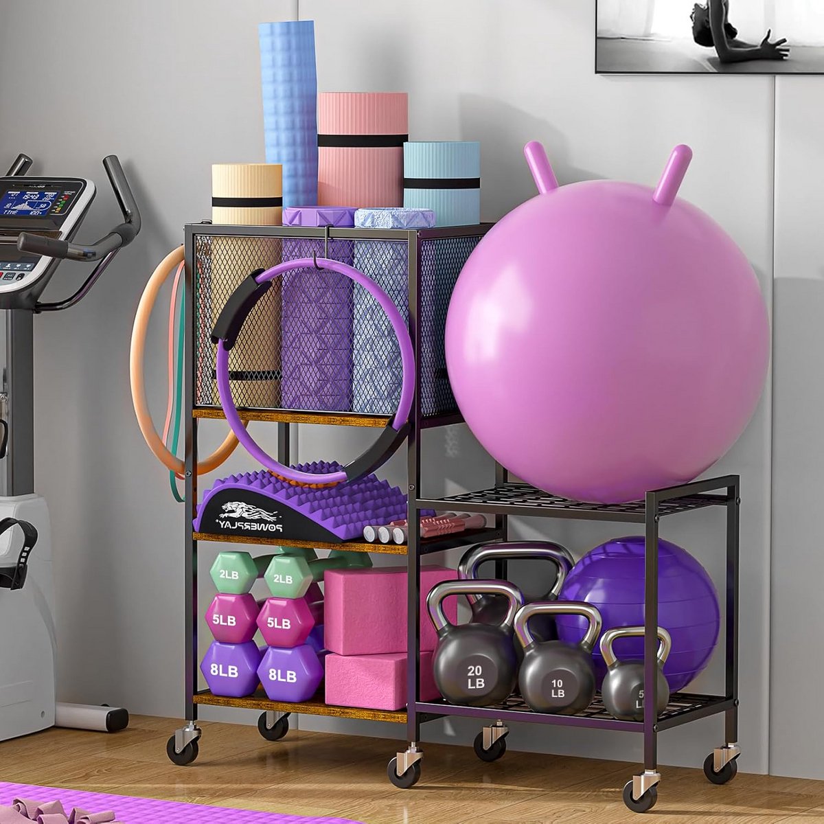 5-laags Opbergrek voor Fitnessapparatuur, Yogamat en Gewichten - Met Haken en Wielen
