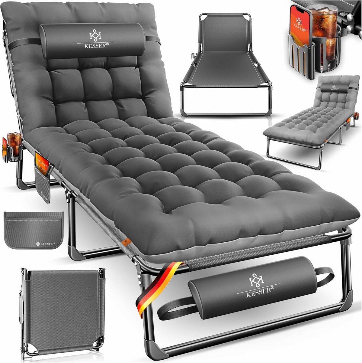 Inklapbaar Campingbed Veldbed - Hoge Belasting 250kg - Inclusief Nekkussen & Bekerhouder