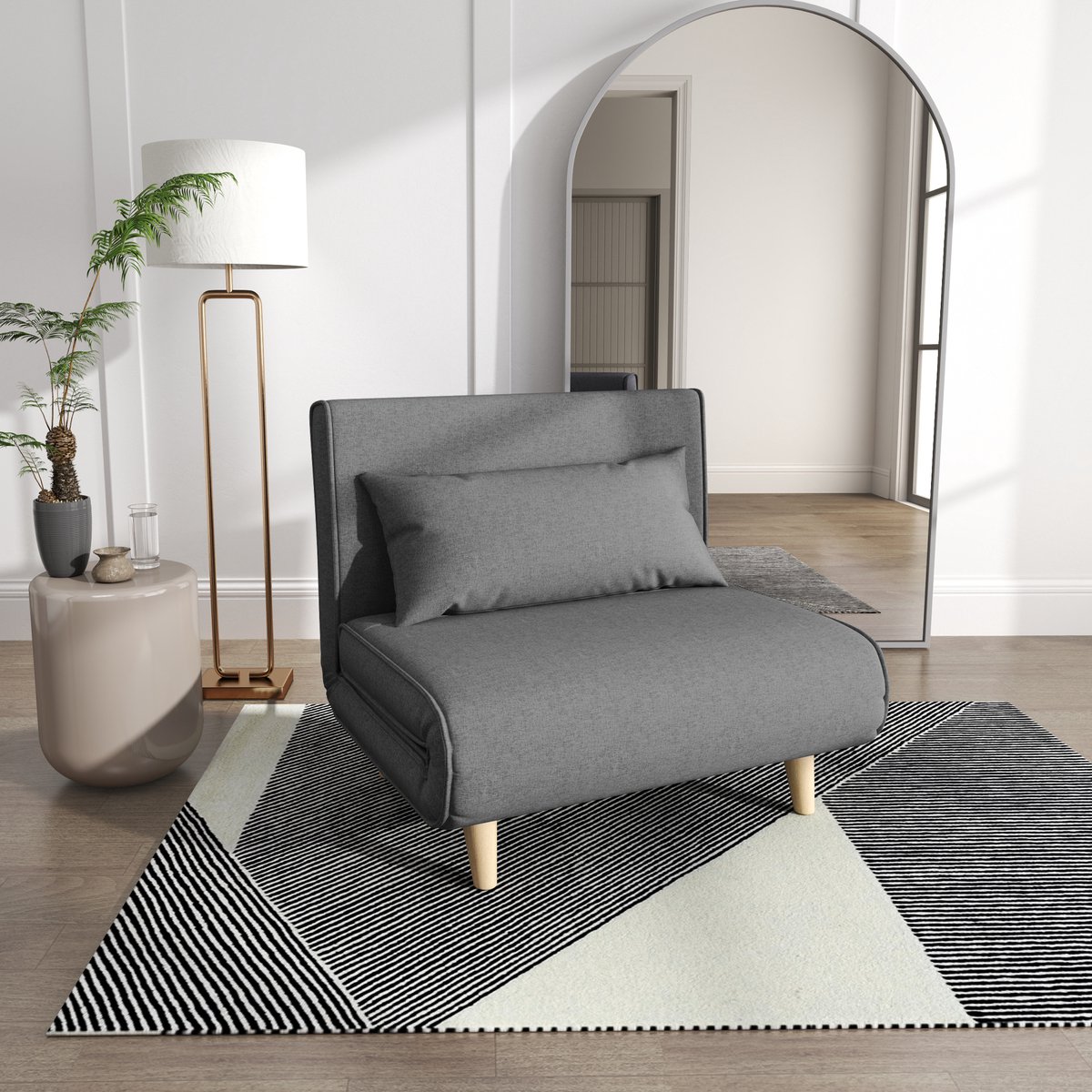 MODFU Slaapbank - Verstelbare Rugleuning En 2-In-1 Functie - Scandinavisch - Voor Woonkamer - Linnen - Grijs - 94 X 78 X 80 Cm