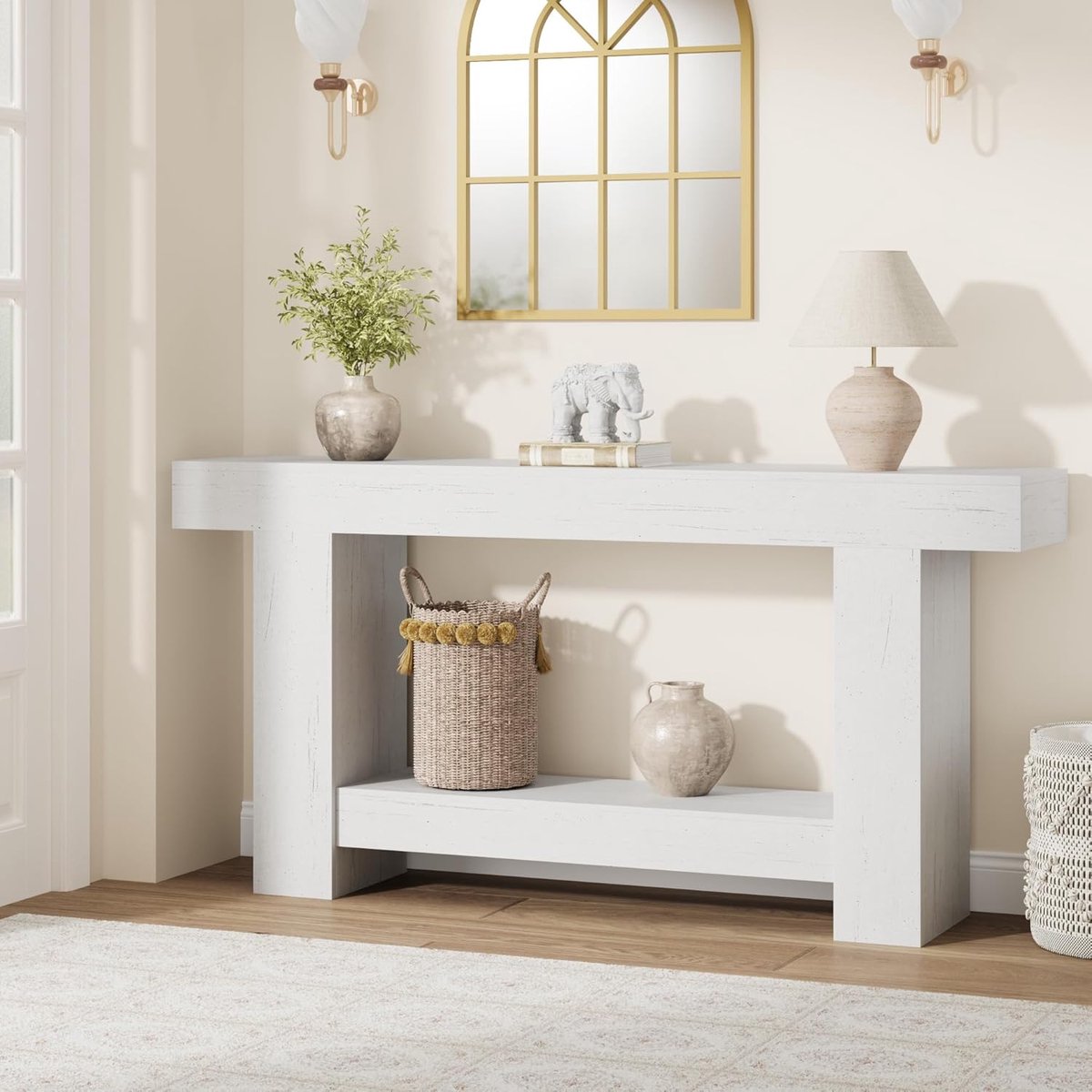 Haltafel - Bijzettafel - Bijzettafel in landelijke stijl van 160 cm lang - Lange bijzettafel met twee planken en opbergruimte - Witte bijzettafel - Geschikt voor de woonkamer, hal en gang - 160 × 80 × 30 cm