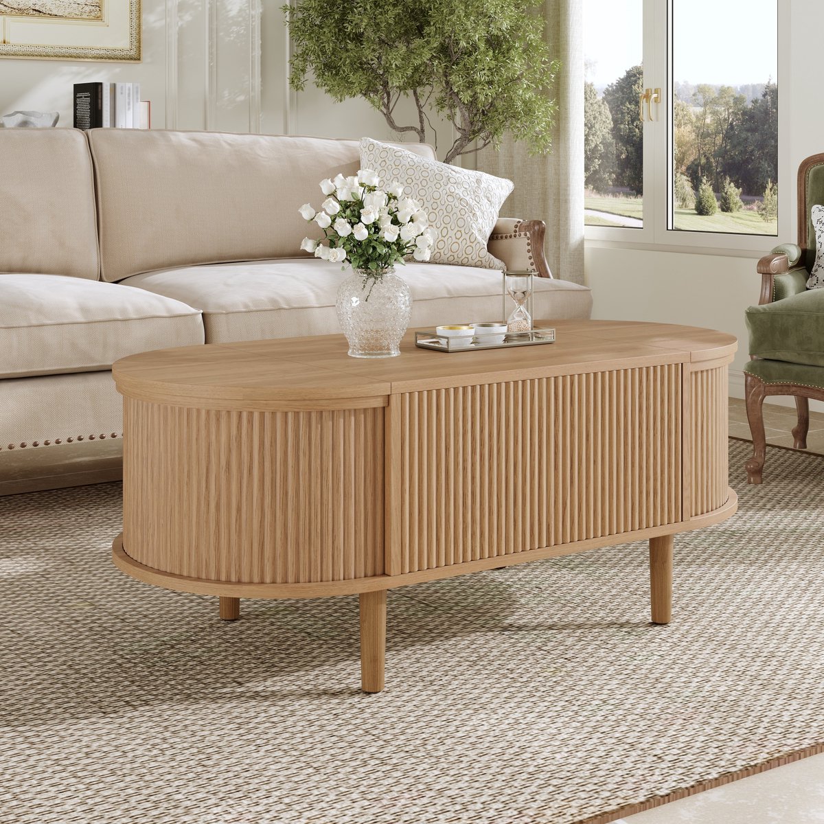 Wishdor - Salontafel - Ovaal Hefbaar Met Opbergruimte - Vintage - Woonkamer - MDF - Eikenkleur - 100 x 48 x 53,5 cm