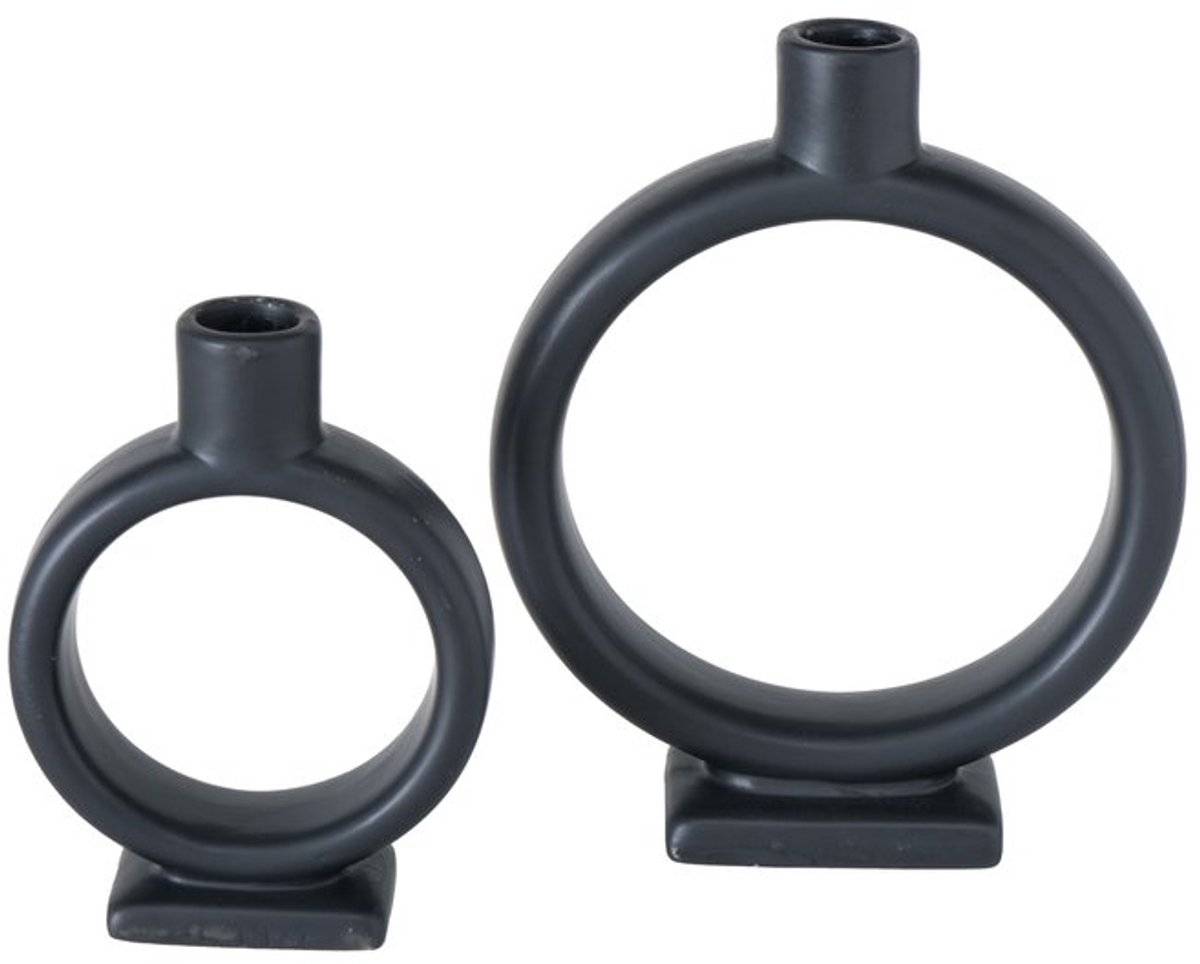 Boltze - Kandelaar - Kaarsenhouder - Set van 2 - Valongo - Zwart - Keramiek - 14 & 19 cm