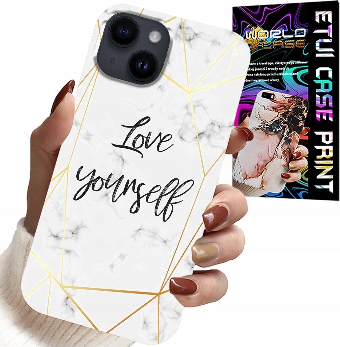 iPhone 15 Plus hoesje - Wit marmer met gouden randen. Ik hou van je.