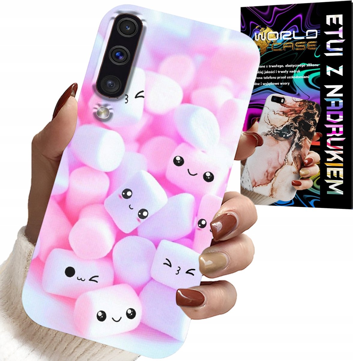 HOESJE VOOR SAMSUNG GALAXY A70 - PATROON 'Sweet Marshmallow', VOORKANT, ACHTERKANT