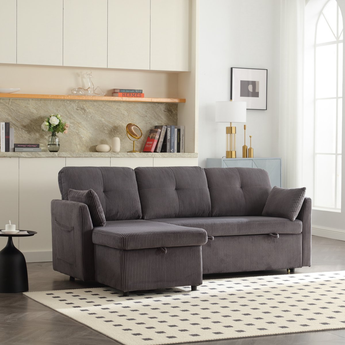 REDOM - Modulaire Hoekslaapbank - Met Opbergruimte En Uitschuifbed - Minimalistisch - Voor Woonkamer - Corduroy - Donkergrijs-206 x 108 x 66 cm