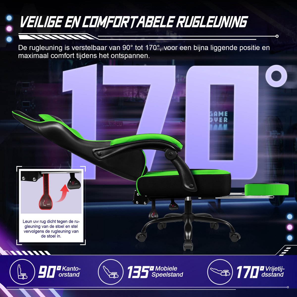 Hiaonyx Gaming Stoel 170° Verstelbaar Groen met Voetsteun - afbeelding 3
