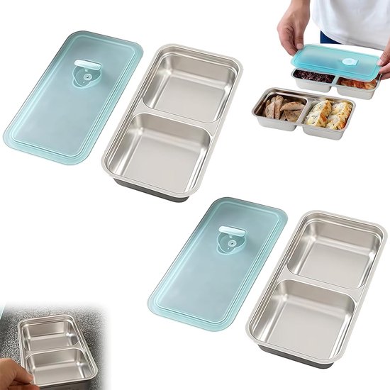 Boîtes à lunch en acier inoxydable avec couvercles turquoise, présentées dans différentes compositions et utilisations.