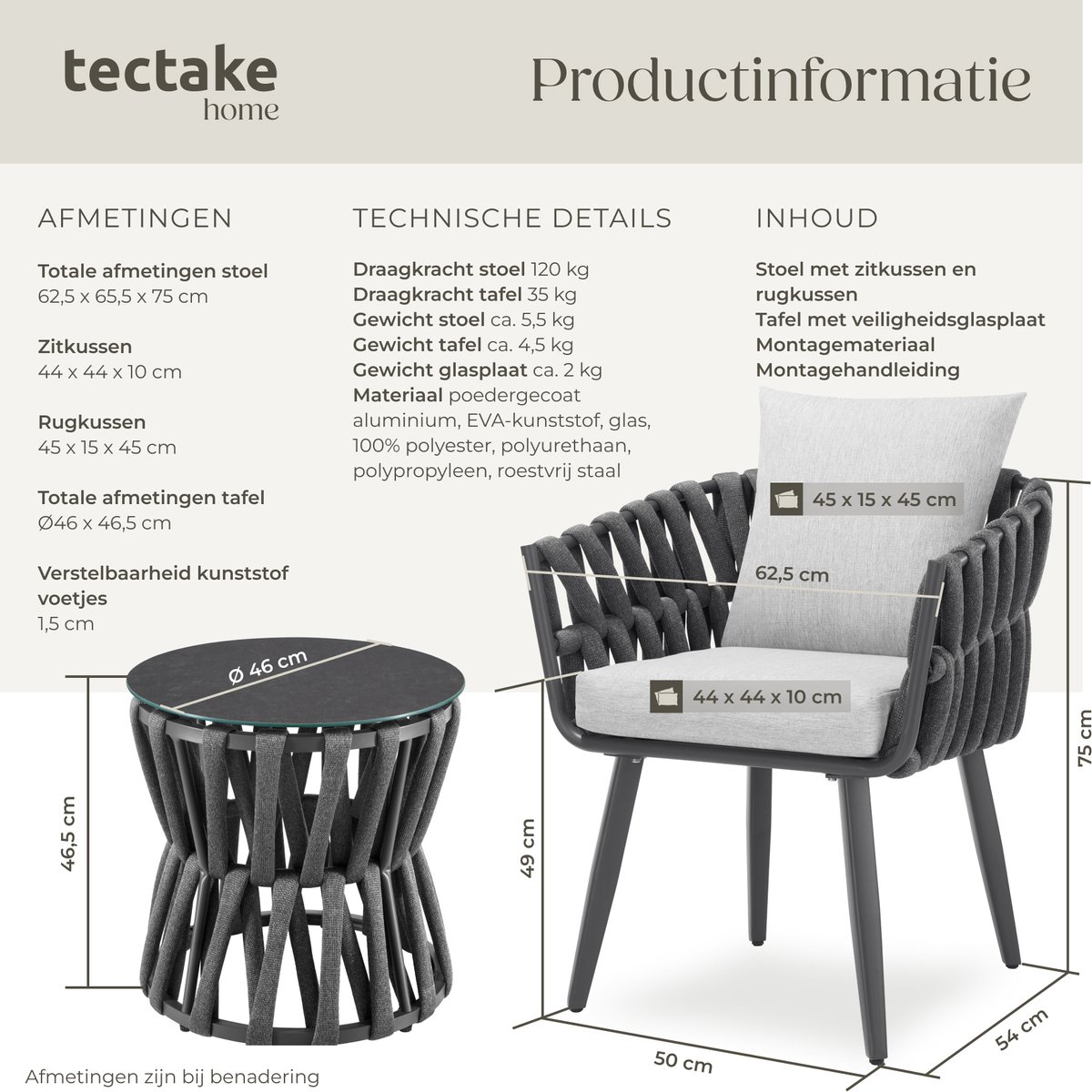 tectake® Tuinset Lugano - Tuinstoel - Loungestoel met Bijzettafel - Buitenstoel in Rope-Design met Aluminium Frame - Buiten Fauteuil met Dikke Kussens - Loungeset voor Tuin of Balkon - Terrasstoel - UV- en Weerbestendig – foto 5